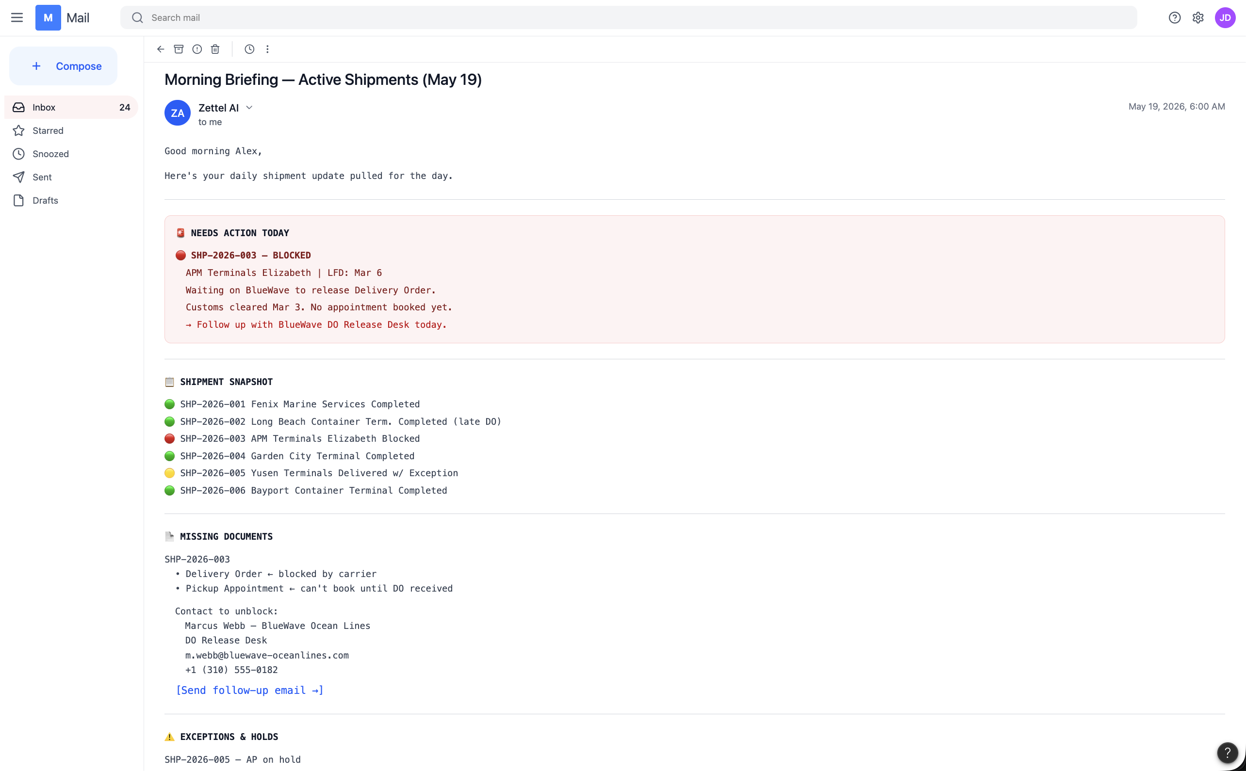Zettel daily shipment briefing in an email client